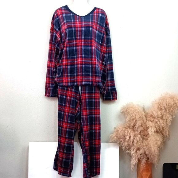 Nautica women's blue/red plaid plush V neck long-sleeve  2 Piece pajamas set XL - Picture 2 of 11